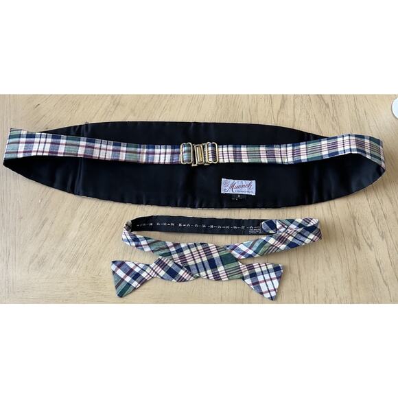 VTG Plaid Bowtie Cummerbund Green blue Yellow Preppy 80s Prom Meunch - Picture 4 of 7